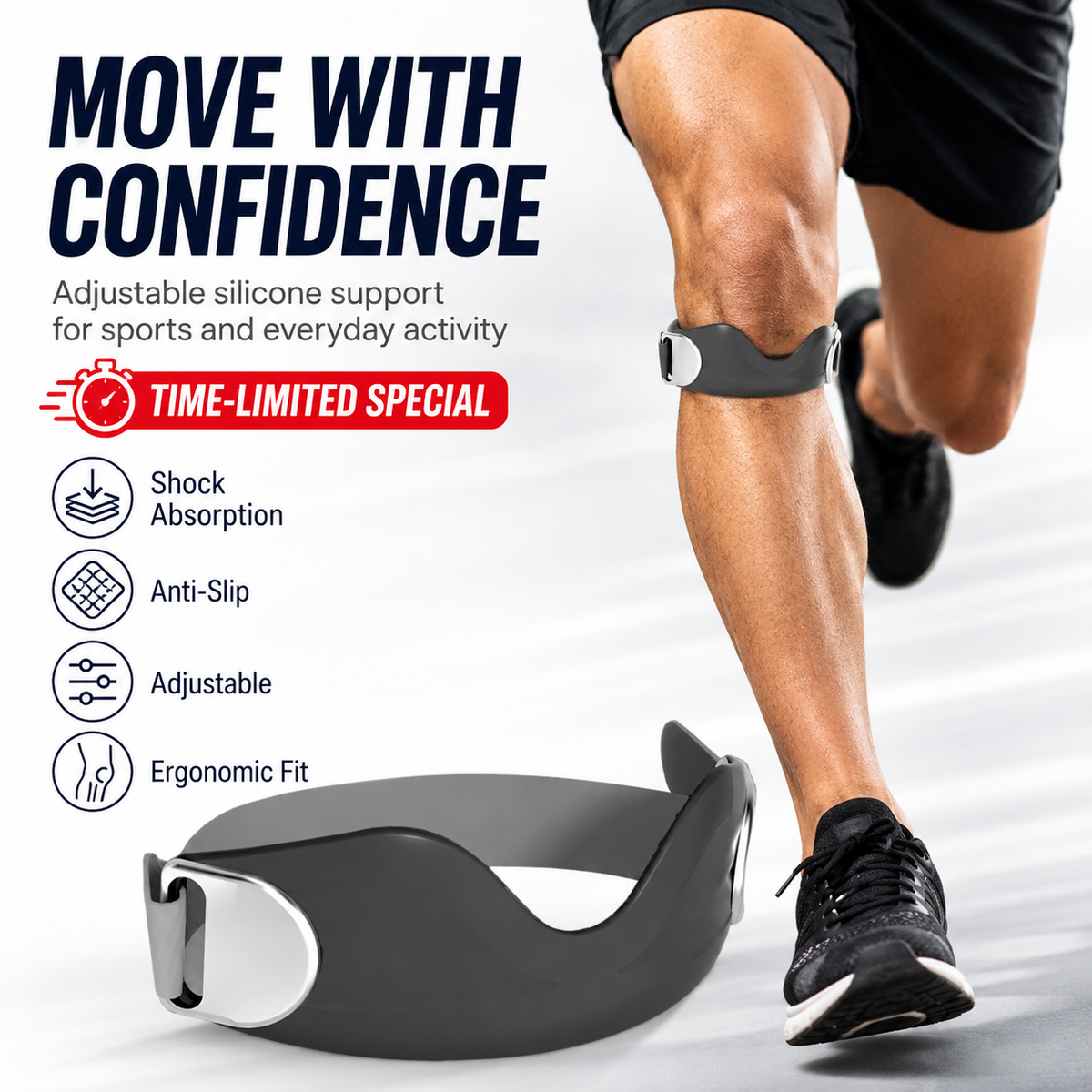 ⏳Time-Limited Special Silicone ⏰Patella Knee Strap for Pain Relief – Shock Absorption & Ergonomic – Adjustable & Anti-Slip 🏃‍♂️