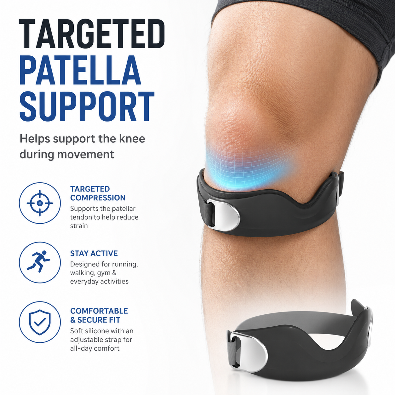 ⏳Time-Limited Special Silicone ⏰Patella Knee Strap for Pain Relief – Shock Absorption & Ergonomic – Adjustable & Anti-Slip 🏃‍♂️